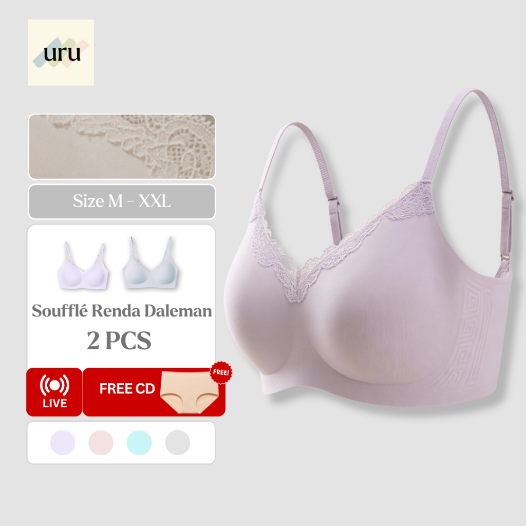 URU [2PCS] Soufflé Bra Renda Push Up Tanpa Kawat Dengan Tali Bra Nyaman Lembut Elegan
