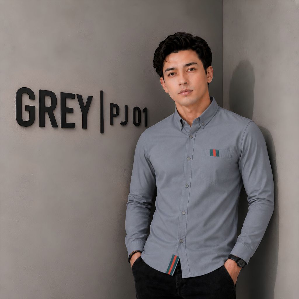 LOWKEY PJ 01 Abu | Kemeja Pria Lengan Panjang Baju Cowok Casual Slimfit Formal Outfit Clean Style Ke