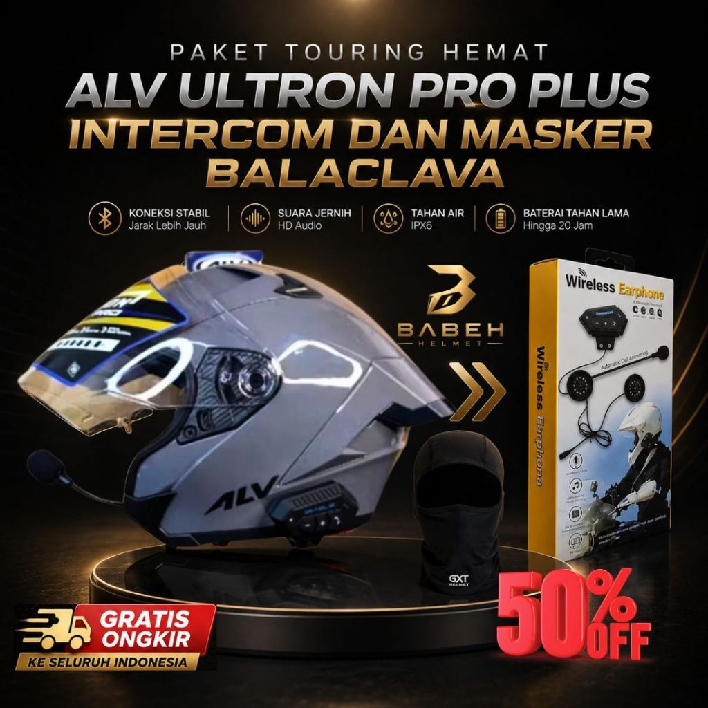 PAKET TOURING HEMAT HELM ALV ULTRON PRO ORIGINAL SNI + HEADSET BLUETOOTH BT-12 + BALACLAVA GXT | HEL