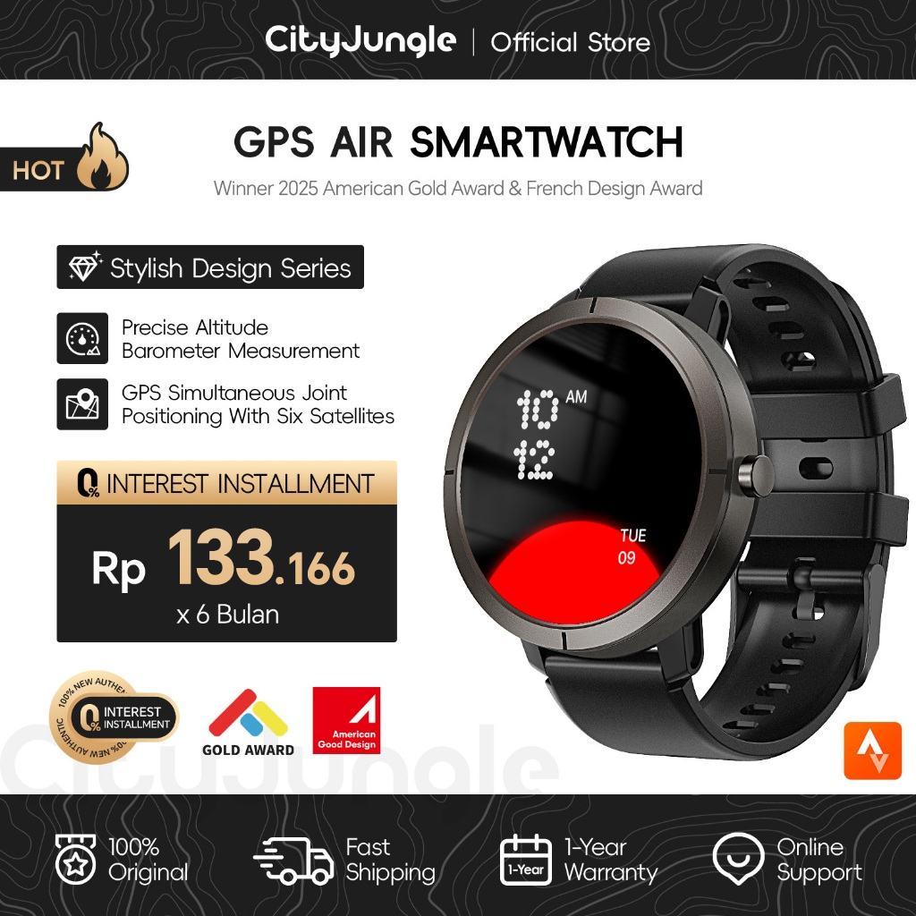 Cityjungle Smartwatch GPSAir GPS Frekuensi Ganda Multi Sistem Support Strava Layar AMOLED 1,32” Pema