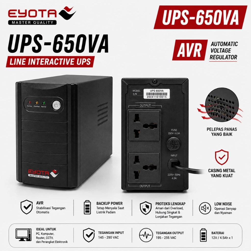 EYOTA UPS 650VA 1200VA AVR Stabilizer UPS Komputer PC | Baterai Aki UPS 12V 4.5Ah 7.5Ah