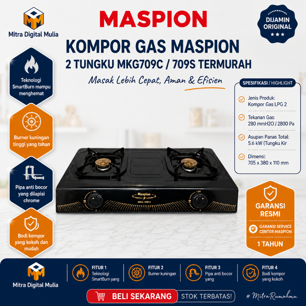 Maspion MKG709C Kompor Gas 2 Tungku Powder Coating SmartBurn Hemat Gas 30% Pipa Anti Bocor Teknologi