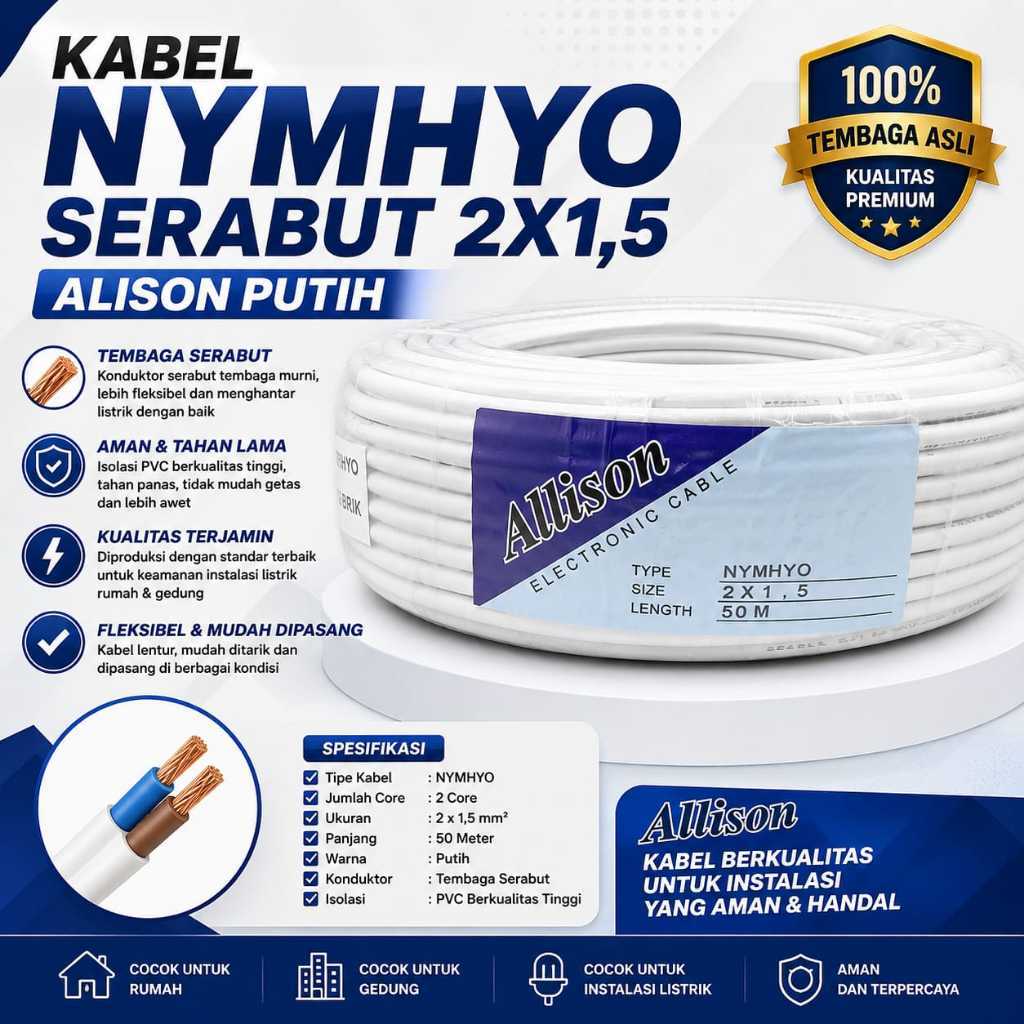 KABEL NYMHYO SERABUT 2X1,5 ALISON PUTIH