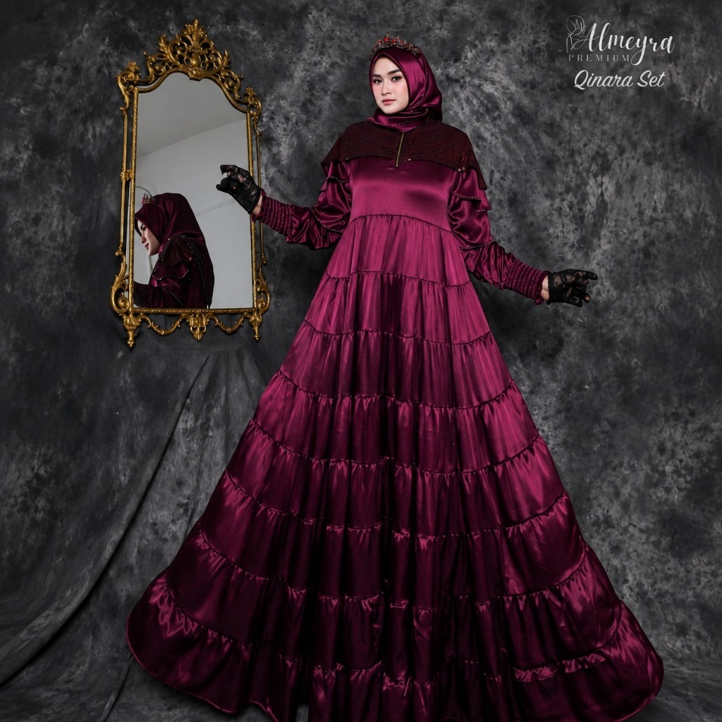 **ALMEYRA PREMIUM QINARA SET | Gamis Wanita Premium Matt Armany Silk | Potongan Lebar Elegan | Sequi