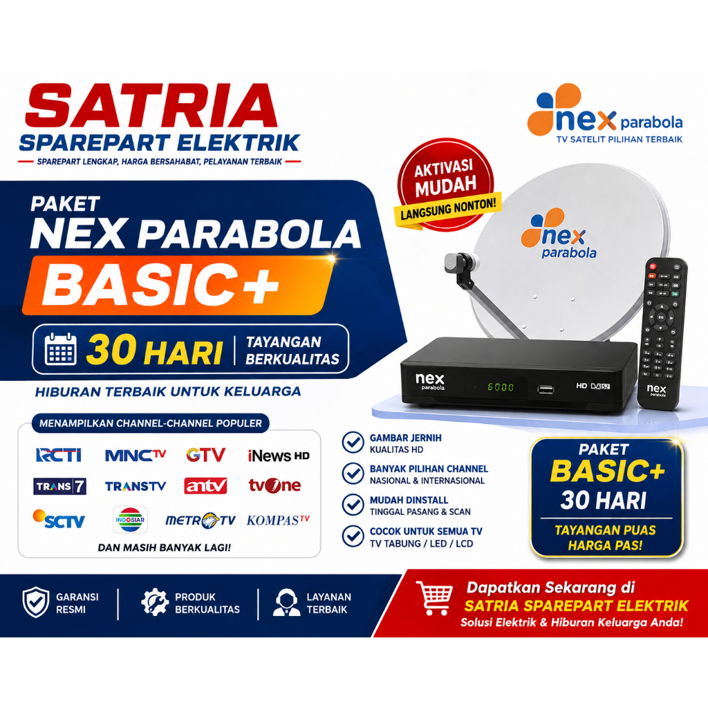 Paket NEX Parabola Basic + 30 Hari TV Satelit dengan Antena Parabola dan Receiver HD