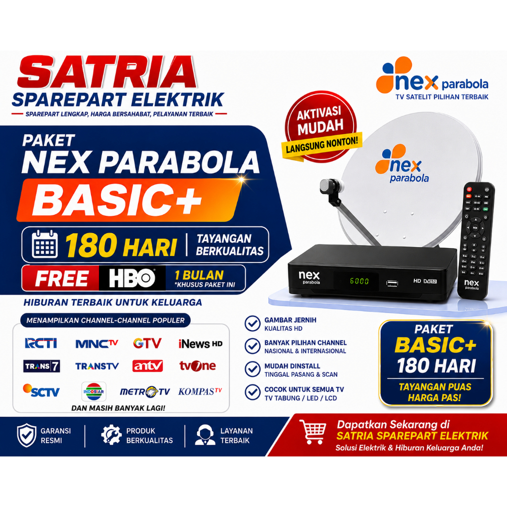 Paket NEX Parabola Basic + 180 Hari FREE HBO 1Bulan TV Satelit dengan Receiver HD dan Antena