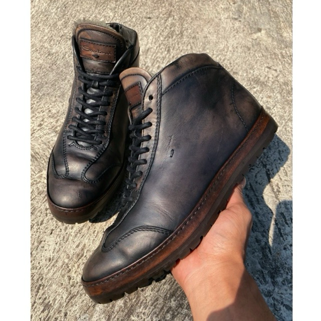 SANTONI HANDMADE VINTAGE BOOTS PATINA LEATHER - 100% AUTHENTIC - SEPATU SNEAKERS ITALY - SIZE 40