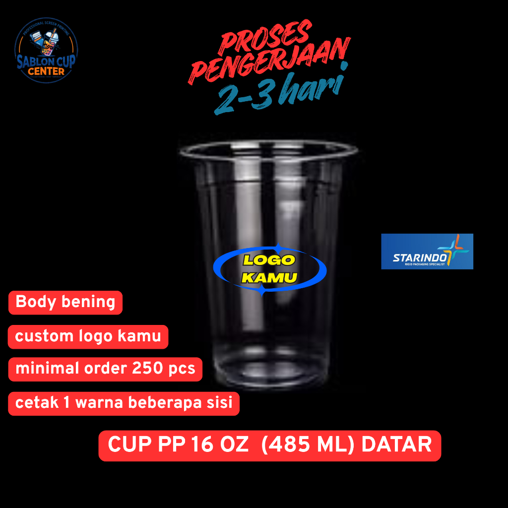 sablon cup pp sablon cup gelas plastik ukuran 16 oz 485 ML datar/flat starindo