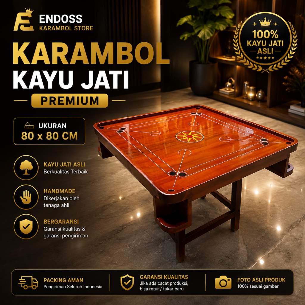 Karambol Kayu Jati Premium Meja Karambol Papan Karambol Lengkap 80x80 100x100 120x120 cm Satu Set Le