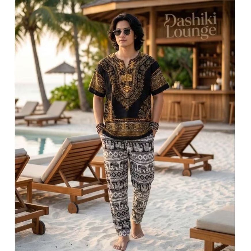 Setelan pria Dashiki Lounge baju lengan pendek motif etnik dengan celana panjang motif gajah - asmat