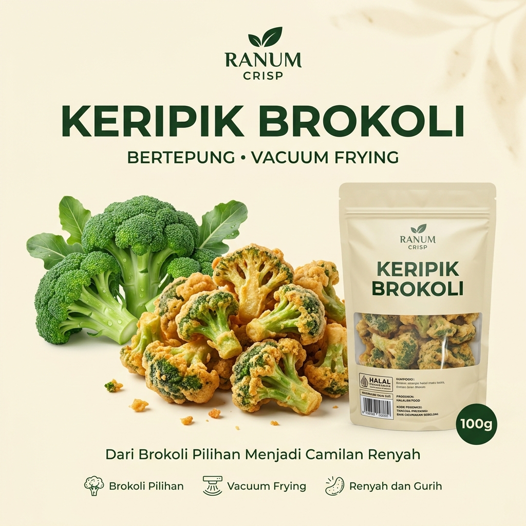 RANUM CRISP Keripik Brokoli Renyah 100g | Kripik Sayur Kering Vacuum Frying