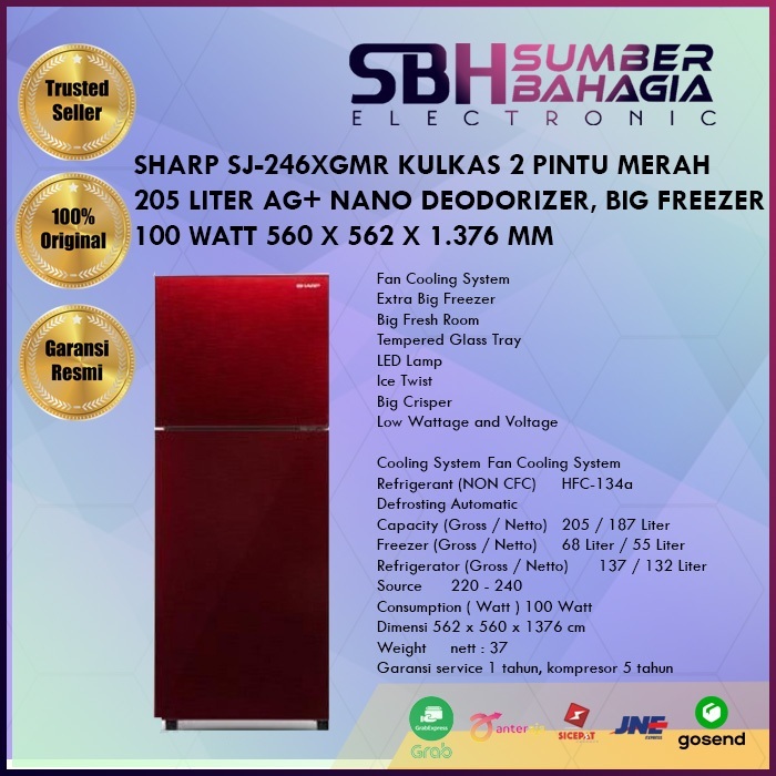 SHARP SJ-246XGMR KULKAS 2 PINTU MERAH 205 LITER AG+ NANO DEODORIZER, BIG FREEZER 100 WATT 560 X 562 