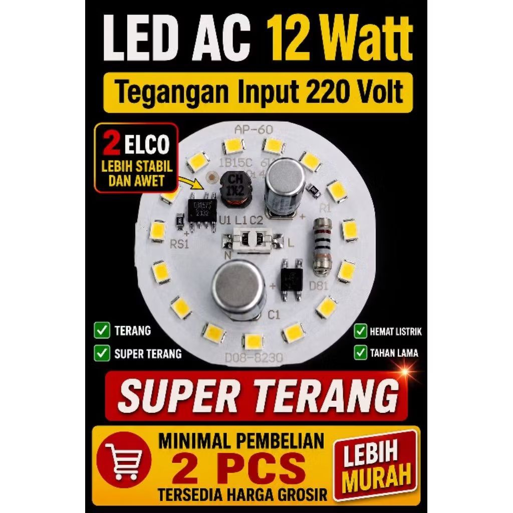 LED AC 12W PUTIH D44.4mm 2ELCO LEBIH STABIL