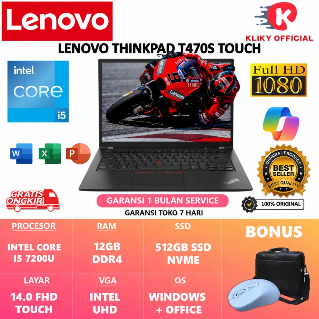 Laptop intel i5 Lenovo Thinkpad T470S RAM 12GB SSD NVME 512GB 14.0 FHD Touchscreen Bergaransi