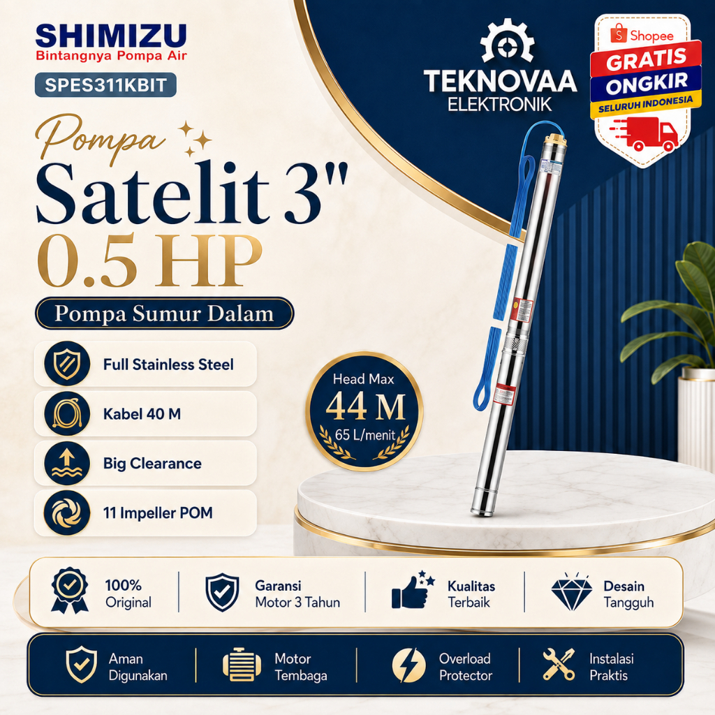 SHIMIZU POMPA AIR SATELIT SPES311K BIT 0.5 HP + KABEL/SPES-311K BIT/SPES 311 KBIT/SHIMIZU SPES311KBI
