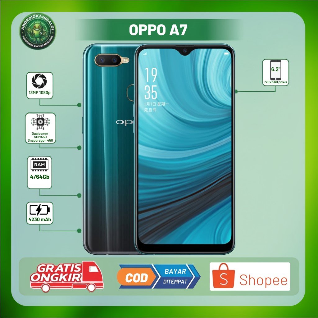 OPPO A7 layar 6.2 inch Qualcomm Snapdragon 450 RAM 4/64GB kamera 13MP Hp Second Normal Bergaransi Si
