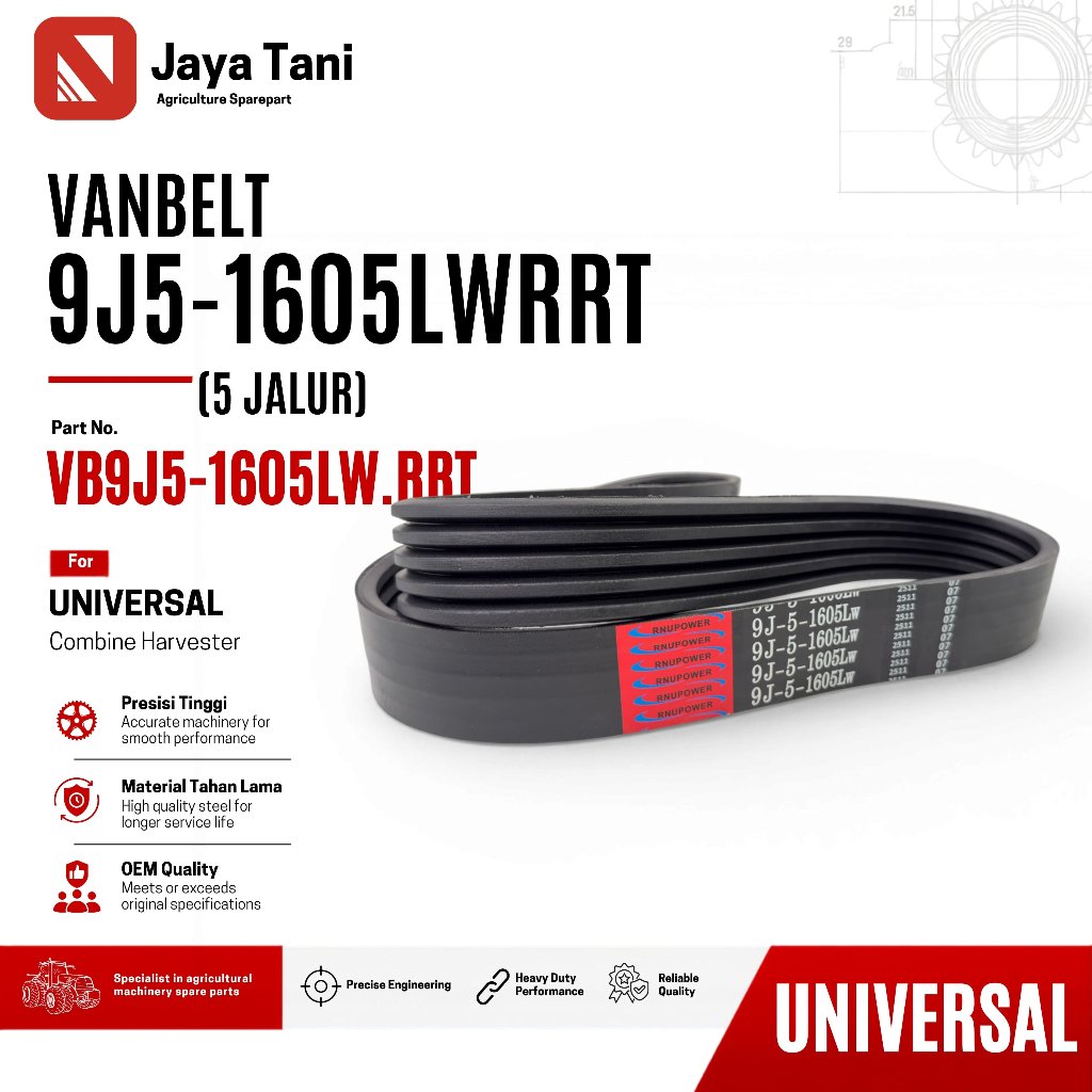 V-BELT 9J-5-1605LW RNUPOWER VB9J5-1605LW.RRT VANBELT PENGGERAK RODA JALAN COMBINE HARVESTER TRACKTOR