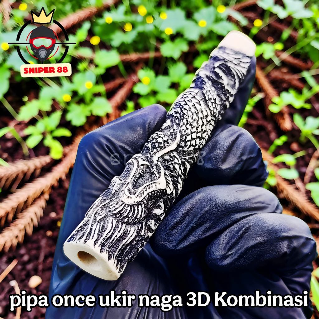 Pipa Cangklong Once Model GG Ukiran Motif Naga 3 Kombinasi Hitam & Gading