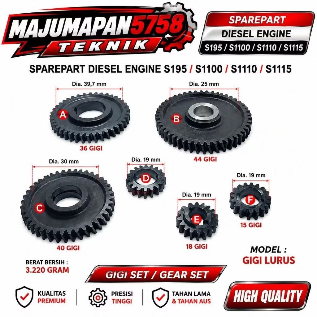 S195 / S1100 / S1110 / S1115 GEAR SET LURUS HITAM / GIGI SET / GEAR SET KOMPLIT UNTUK MESIN DIESEL /