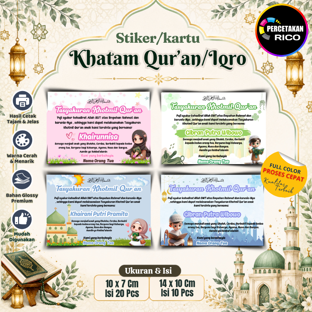( isi 20pcs, 10pcs) P1 Kartu/Stiker Tasyakuran Khatam qur'an/tasyakuran Khotmil iqro/Label nasi bent