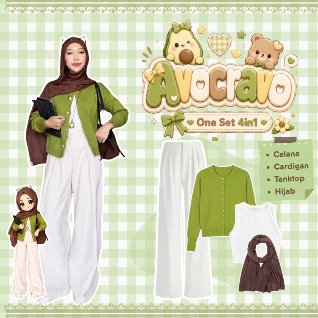 One Set Wanita 4in1 Avocado - Cardigan Rajut + Celana + Tanktop + Hijab Pashmina Ceruti Babydoll | O