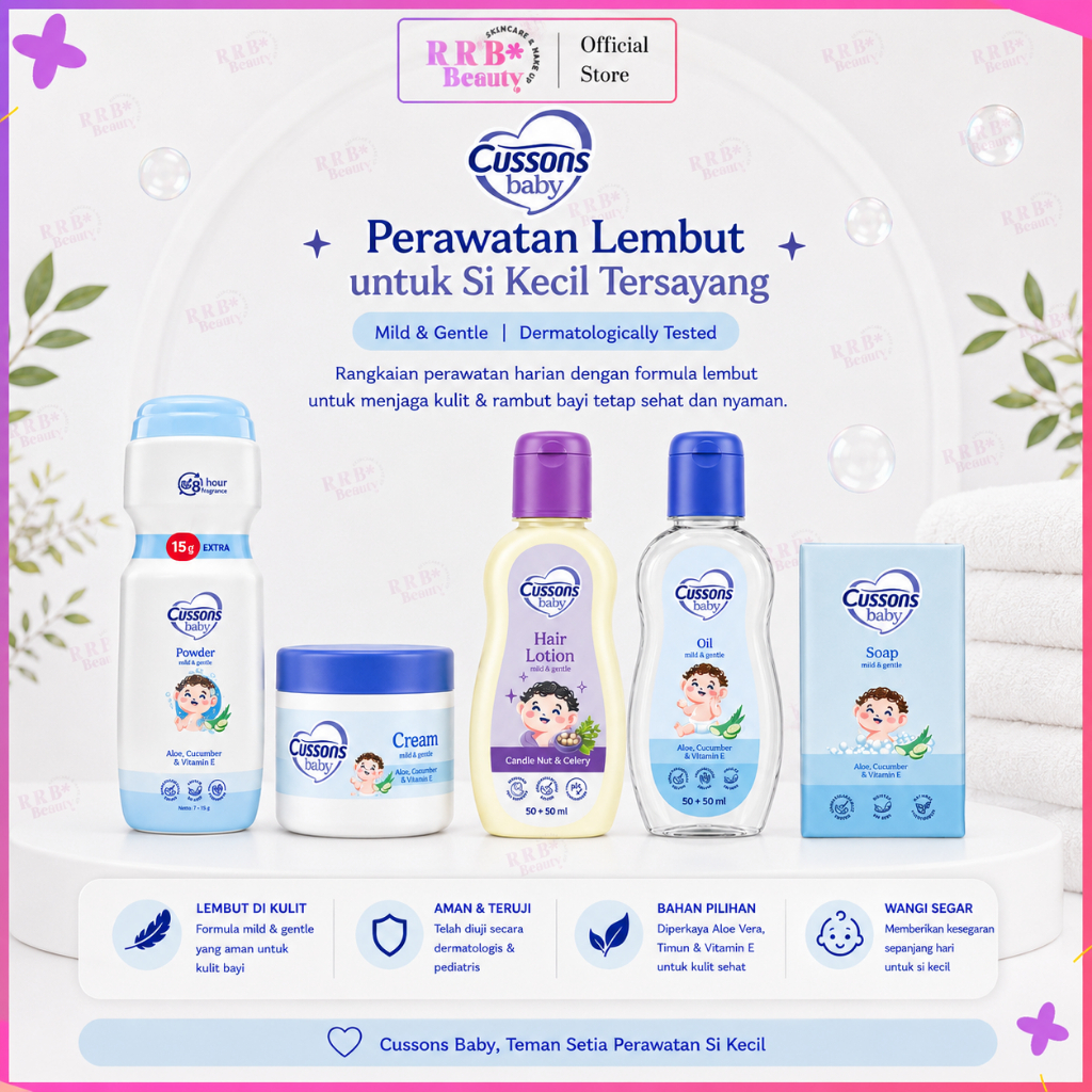Paket Cussons Baby Mild & Gentle 5in1 | Bedak, Cream, Hair Lotion, Baby Oil & Sabun Bayi | Perawatan