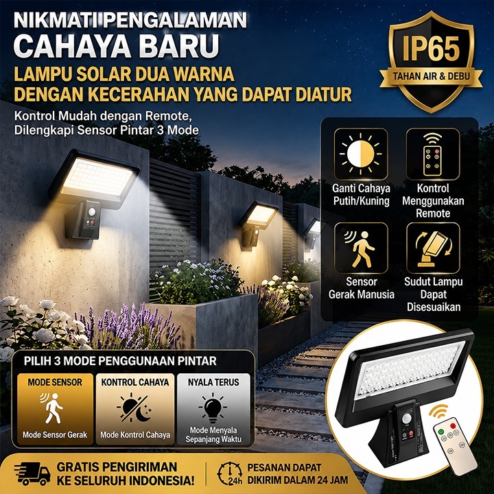 Lampu Dinding Surya Panel Surya Efisien Remote Sensor Gerak Dual Warna LED Cocok Untuk Outdoor
