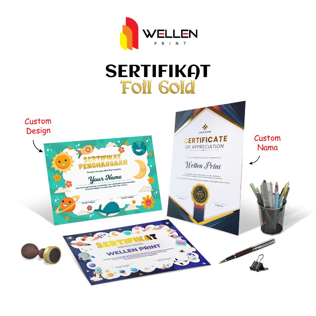 WELLEN PRINT - Cetak Sertifikat Foil Gold Custom / Print Sertipikat A4 Piagam Penghargaan Gold Metal