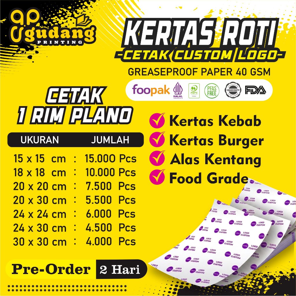CUSTOM Kertas Roti Food Paper/Grease Proof Paper/Food Grade Paper/Kertas Burger/Kertas Kebab