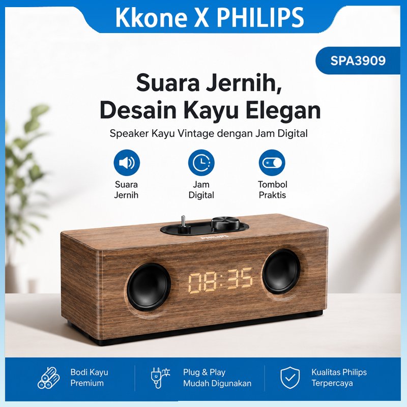 Philips SPA3909 Speaker Bluetooth Kayu Vintage Desktop, Speaker Komputer Multimedia dengan Jam LED, 
