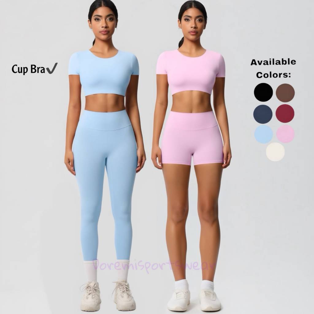 SET OLAHRAGA WANITA CROP TOP (Ada cup bra) + LEGGING + SHORT GYM YOGA PILATES WORKOUT CT93 L93 CP93