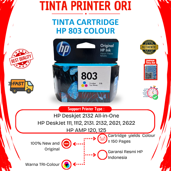 HP 803 Colour Economy Original Resmi For Printer Cartridge Tinta Printer 1112 2132 2621 2622