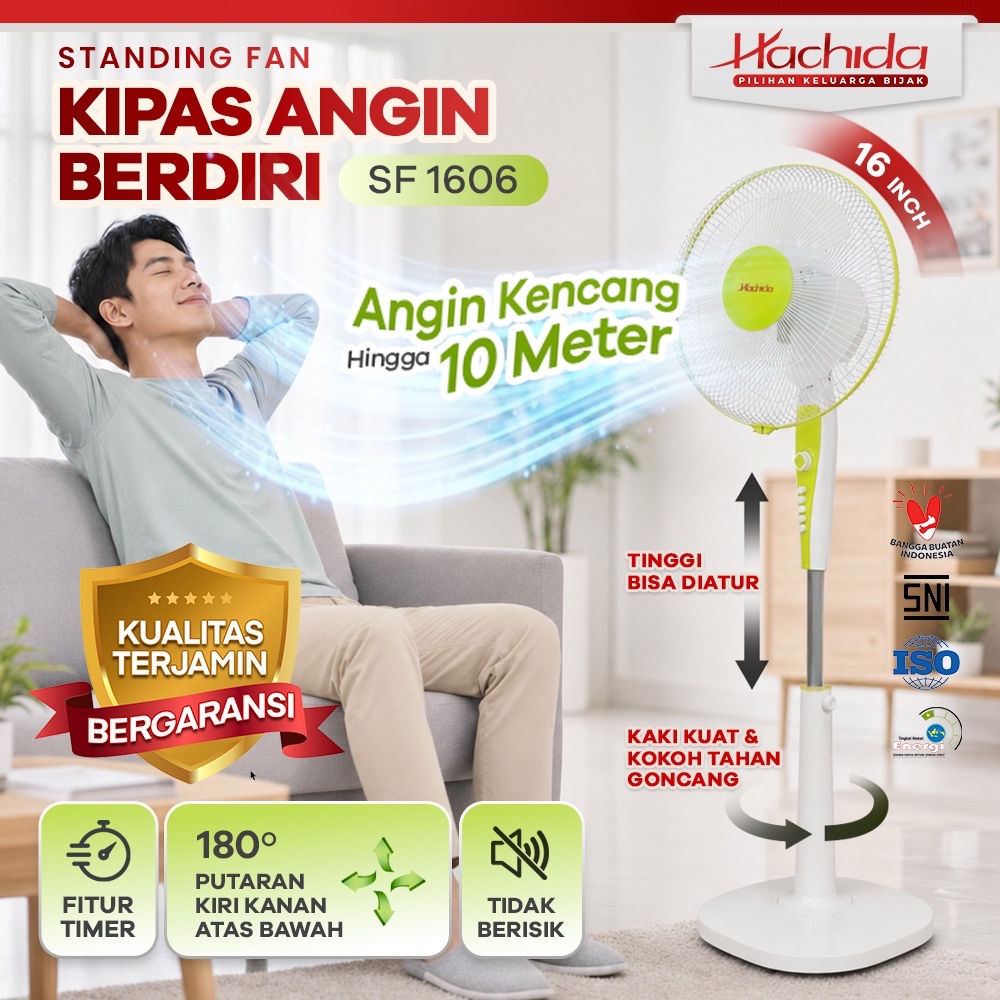 Kipas Angin 16inch HACHIDA SF1606 Standing Berdiri Garansi Resmi Timer