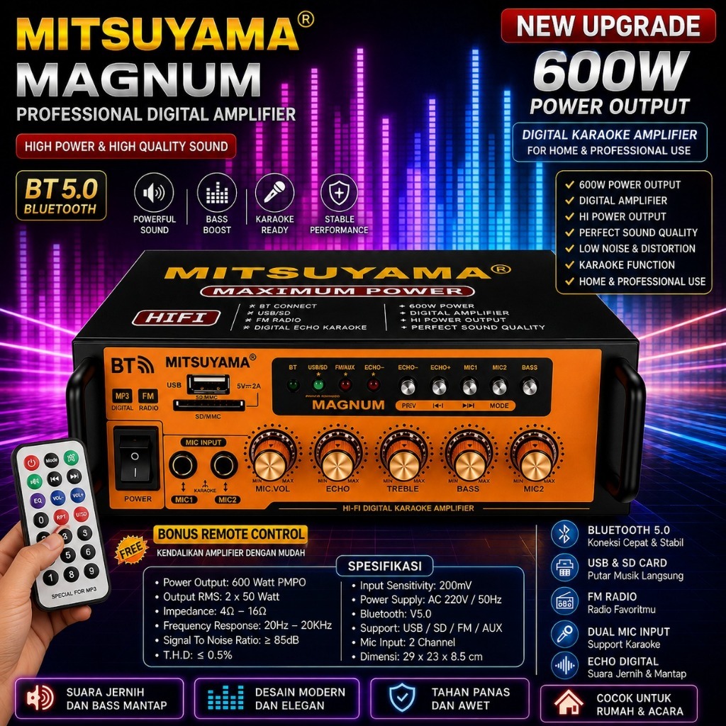 Promo Amplifier Bluetooth Karaoke Mitsuyama Ms-4020bt Magnum 600w Usb Fm Radio Sd Card Input Mic Hi 