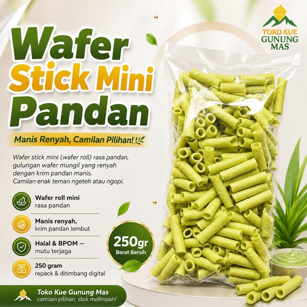 Wafer Stick Mini Pandan 250gr / Pandan Wafer Roll Wafer Gulung Mini Manis Renyah