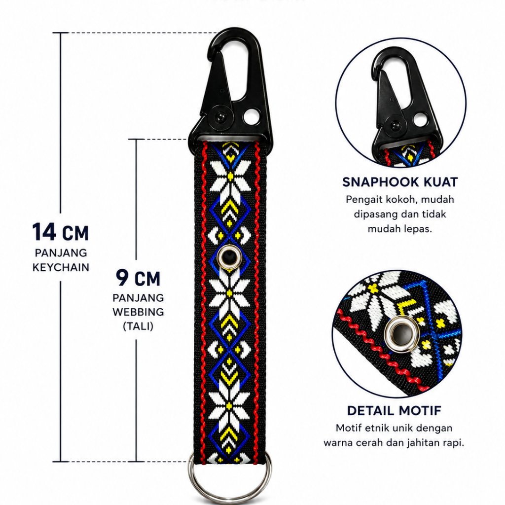 Gantungan Kunci Webbing 14 CM dengan Snaphook Kuat dan Detail Motif Etnik