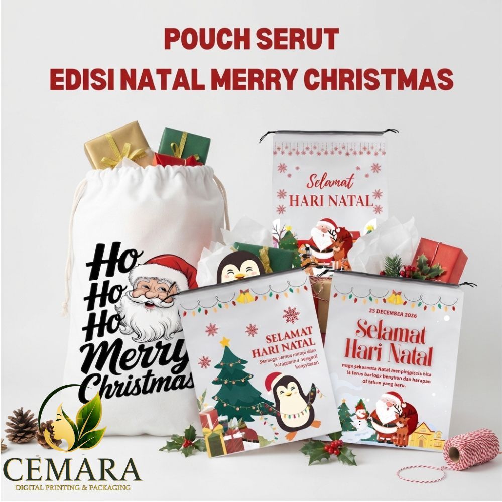 Tas Pouch Serut Edisi Natal Merry Christmas Pouch Bingkisan Snack Serbaguna