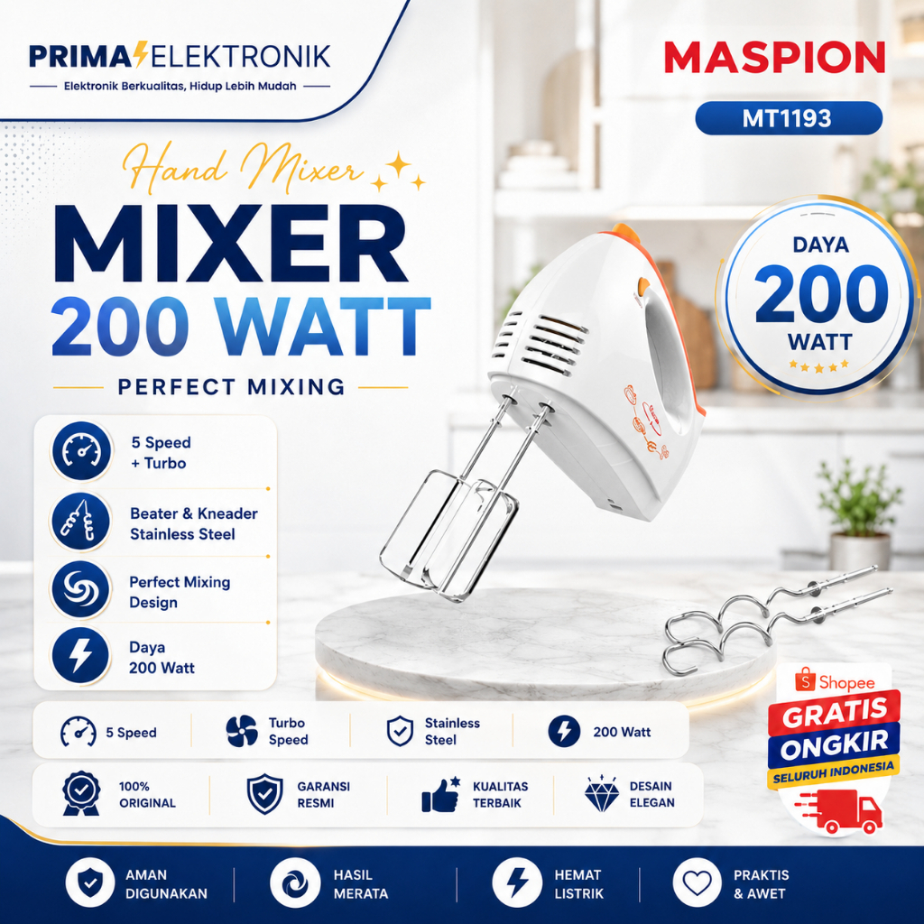 MASPION HAND MIXER MT 1193/MT1193/MT-1193/ MIXER TANGAN/MIXER ORIGINAL MASPION/GARANSI RESMI