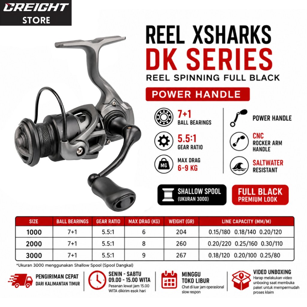 Reel Spinning Xsharks DK Series 1000/2000/3000 - Power Handle 7+1 BB