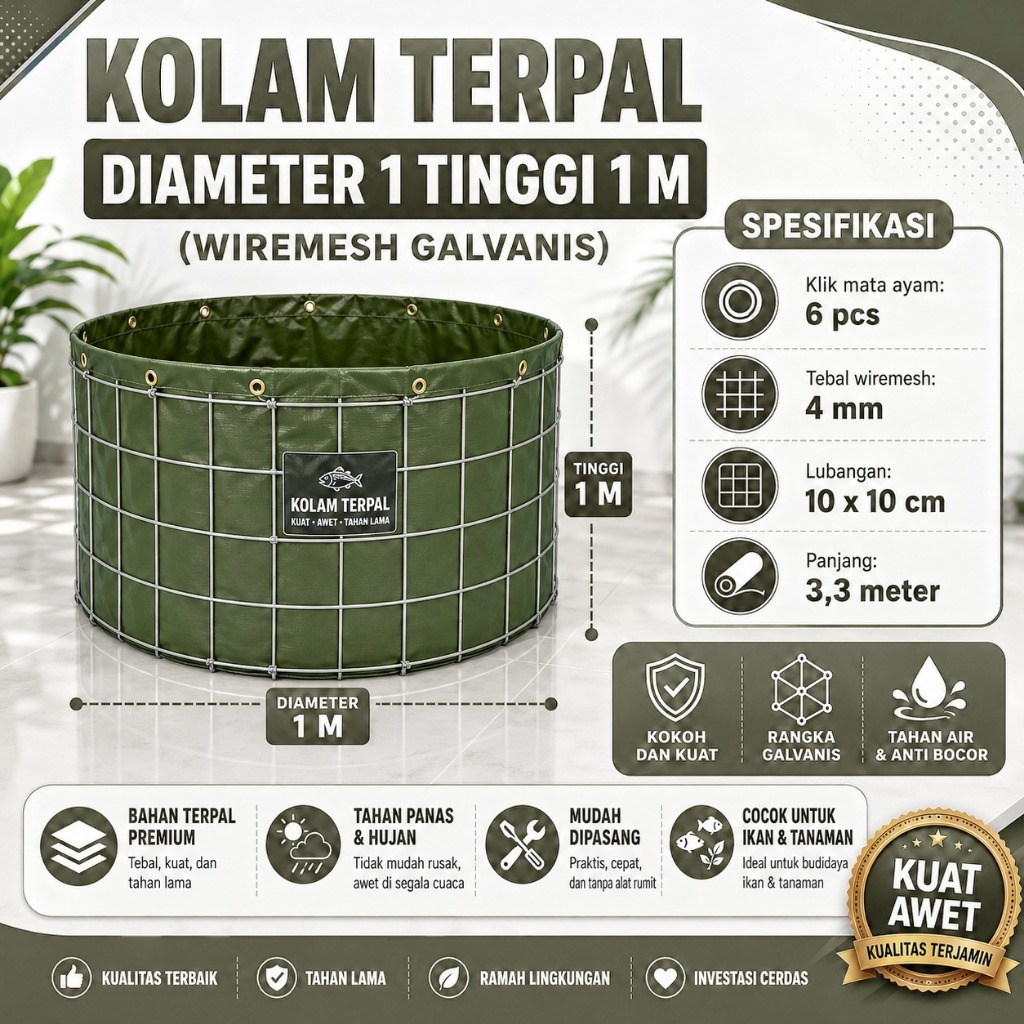 Kolam Terpal Bioflok Bulat Diameter 1M 1,5M 2M Tinggi 1M Kolam Ikan Lele Nila Gurame Koi Patin Mujai