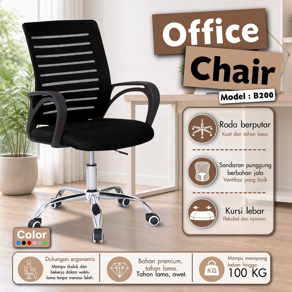 BG SPORT Kursi Kantor Kursi Kerja Staff Office Chair Minimalis Steel Hidrolik Putar KUAT BEBAN 100KG
