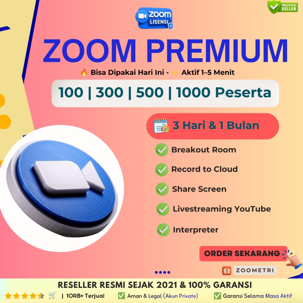 Zoom Premium Pro Unlimited 3 Hari 1 Bulan 100 300 500 1000 Peserta Bergaransi Aktivasi Cepat | Zoome