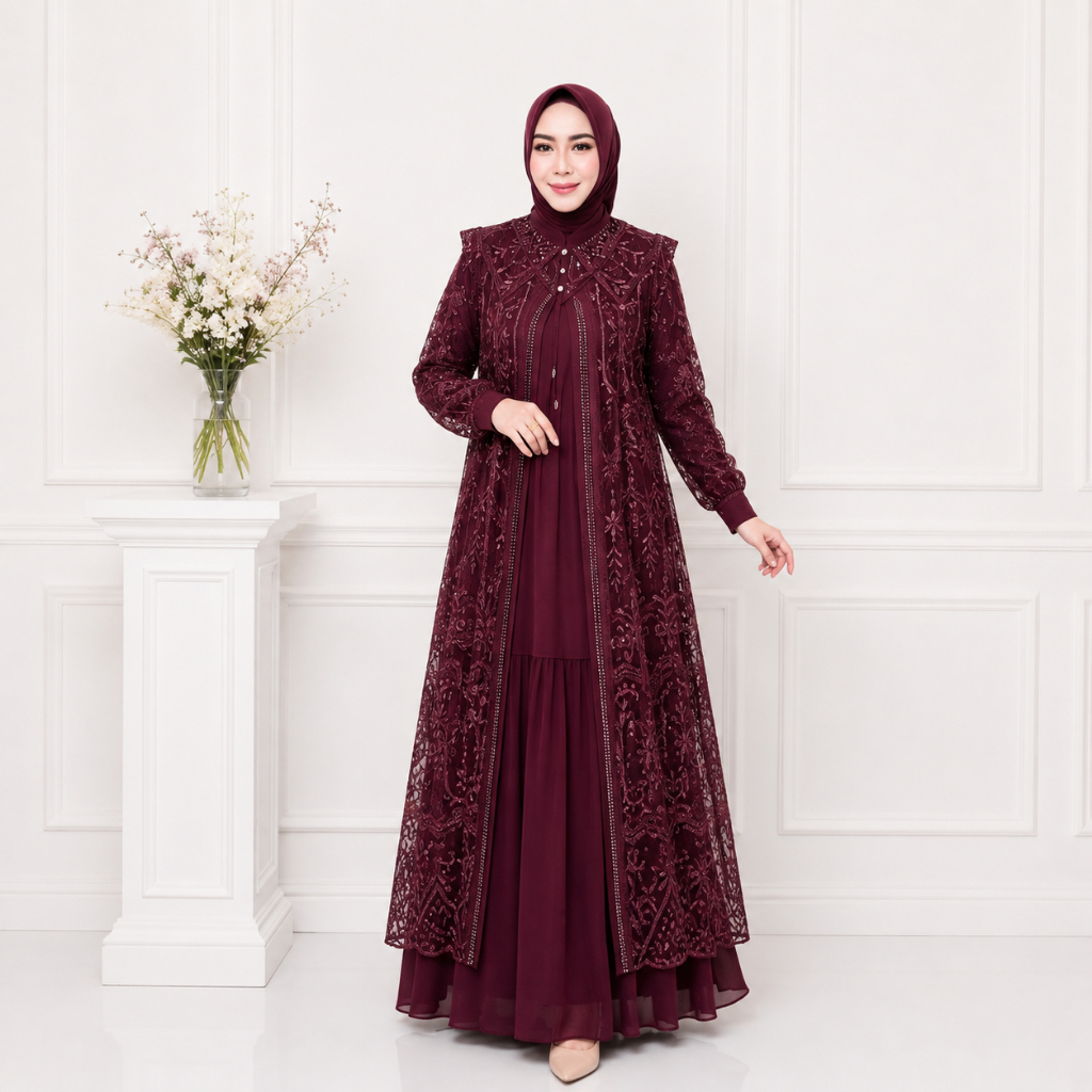 Selena Gamis Burgundy Kondangan Mewah Elegan Gamis Remaja Dewasa Terbaru Gamis Abaya 2026 Ceruty Bab