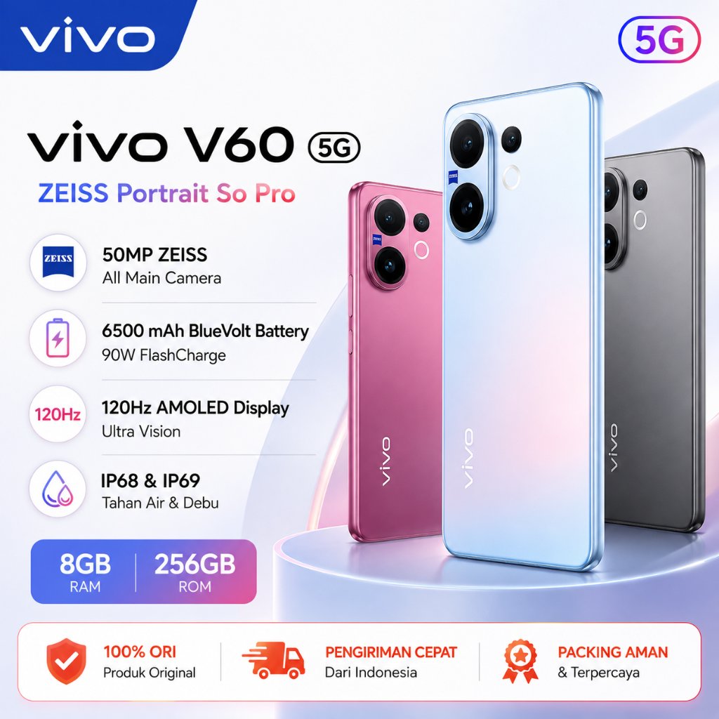 VIVO V60 5G RAM 8GB ROM 256GB | HP Smartphone 5G Terbaru | Layar AMOLED 6.67" 120Hz | Kamera ZEISS 5