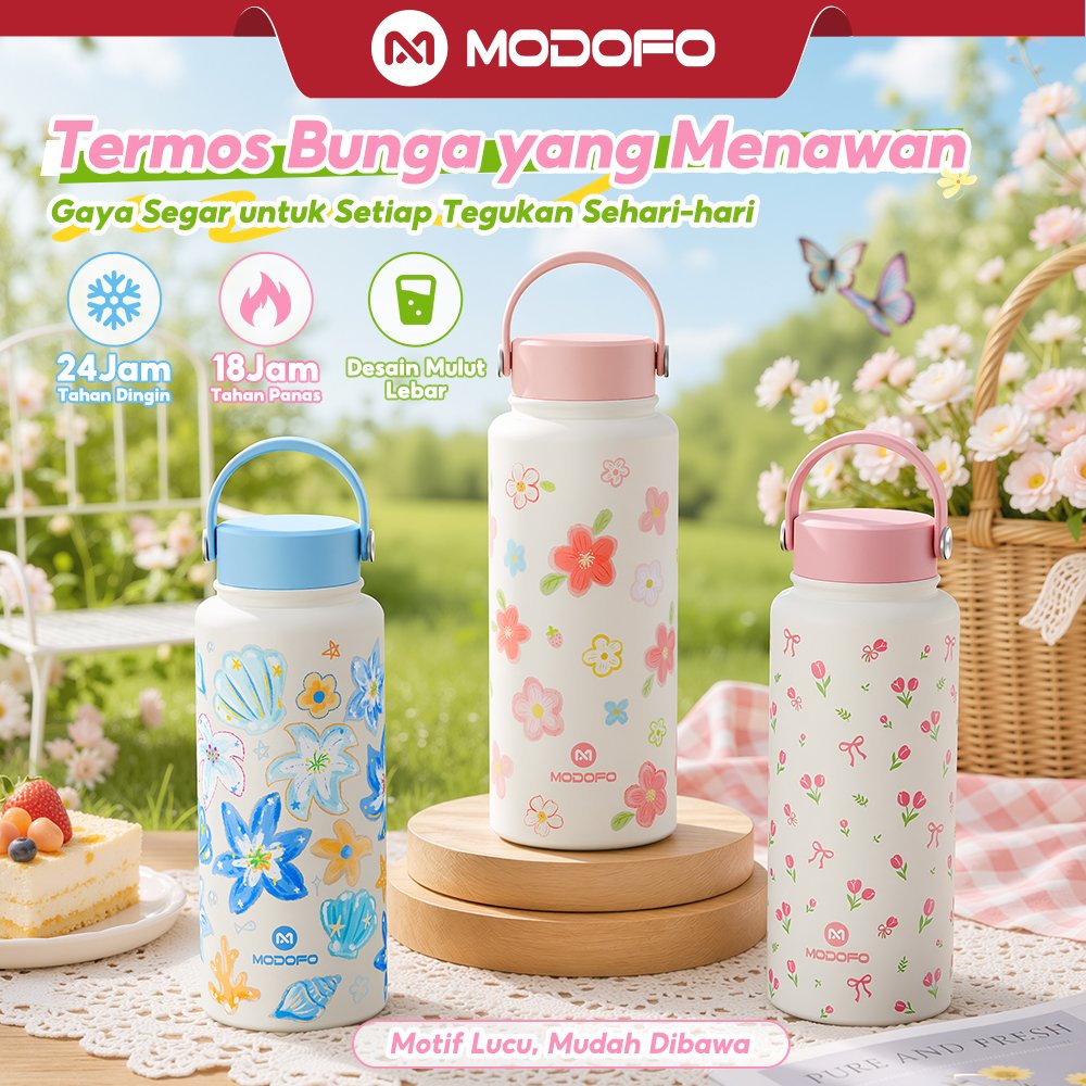 MODOFO Botol Minum 1L Aesthetic Tumbler Stainless Tumblr Tahan Panas Dingin 24 Jam Termos Air Panas