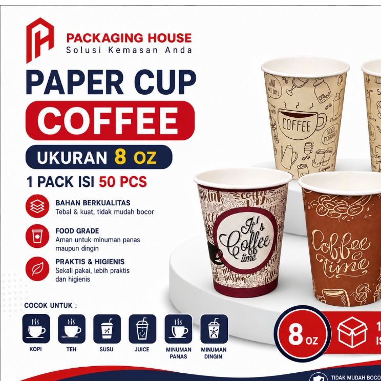 Paper Cup Ivory 8 Oz Motif | isi 50 pcs | Gelas Kertas Motif 8 Oz | Hot Paper Cup Motif |