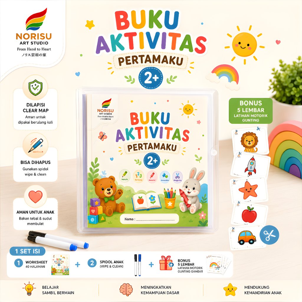Noris Buku Aktivitas Anak 2+ Tahun | Worksheet Edukatif 40 Halaman | Clear Map A4 | Spidol Wipe Clea