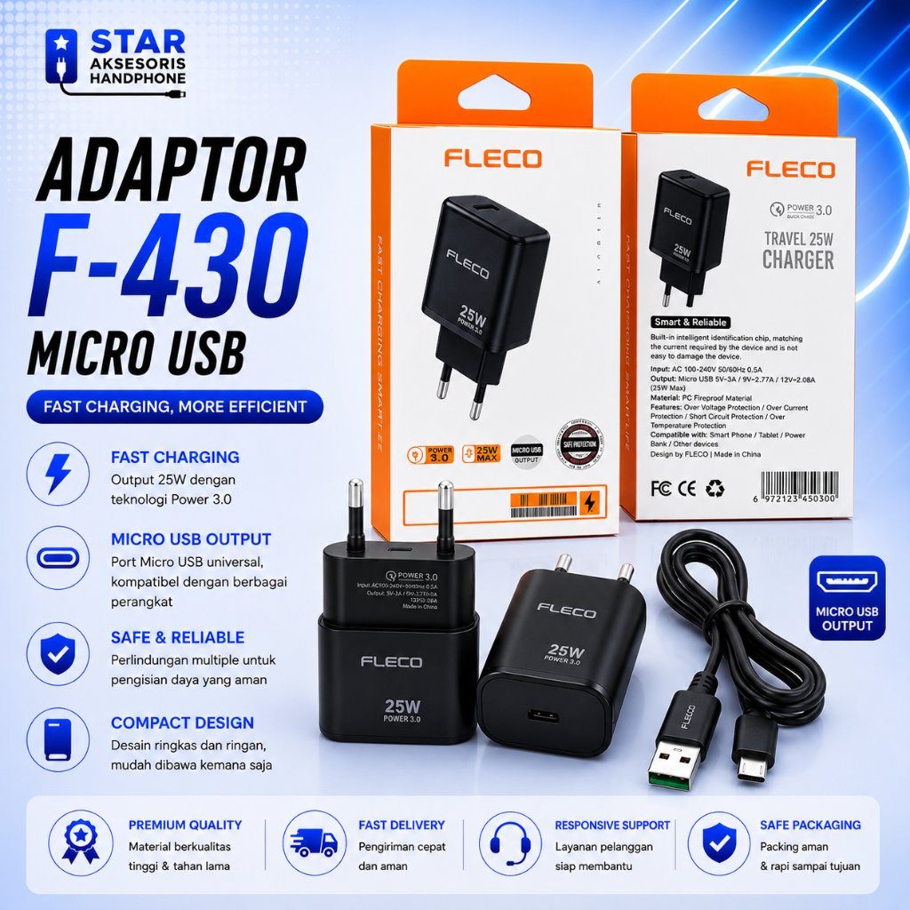 Travel Charger Fleco F-430 25W Casan HP Micro Type C Lightning Kepala Charger Fleco Fast Charging
