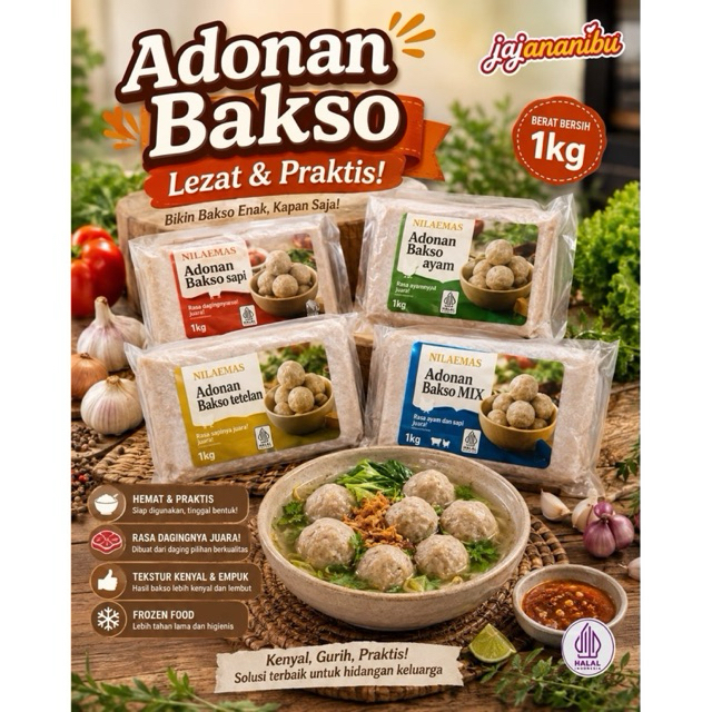 Adonan Bakso Nilaemas 1kg Lezat & Praktis Bakso Sapi Ayam Telan Mix Frozen Food Halal