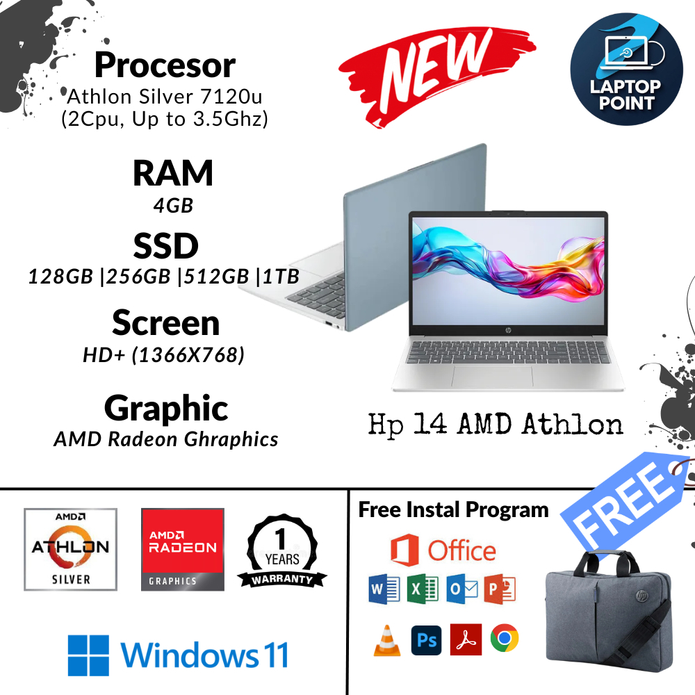 Laptop Baru Hp 14 AMD Athlon Silver 7120u SSD 1TB Silver Blue